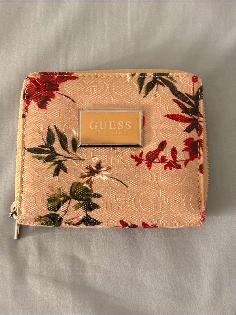 GUESS Peach Floral Zip-Around Wallet with Gold Logo Plate